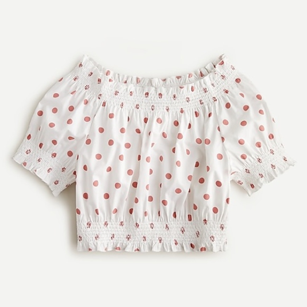 J.Crew Puff-sleeve smocked top in white rose dot S
